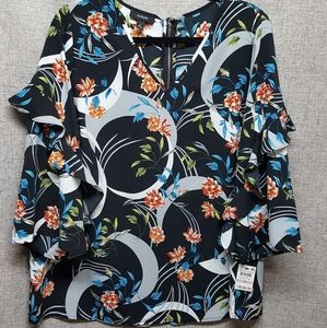 Alfani NWT Black Floral Ruffled Sleeved Top Sz 1X